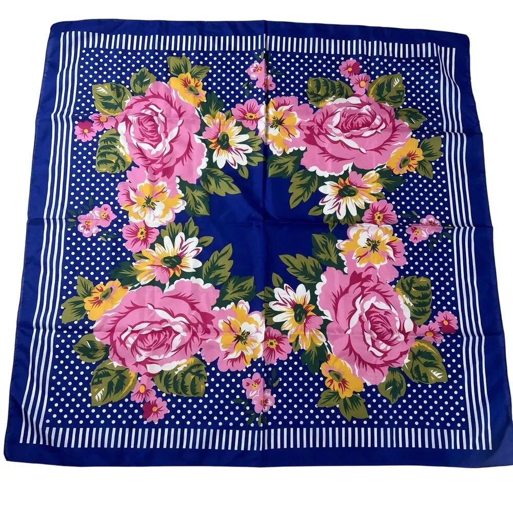 Glantex Kerchief Mens One Size Blue Floral Square Scarf Satin Made In Italy